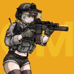  1girl absurdres ammunition_pouch belt black_shorts black_thighhighs blue_eyes brown_hair closed_mouth combat_helmet commission ear_protection english_commentary epakim flashlight foregrip gloves green_gloves grey_jacket gun hair_between_eyes helmet highres holding holding_weapon jacket looking_ahead microphone navel optical_sight original plate_carrier pouch rifle shorts sig_mcx sleeves_rolled_up solo suppressor termichan_(not-a-bot) thigh-highs transparent trigger_discipline twitter_username upper_body visor_(armor) weapon yellow_background 