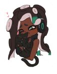  1girl bare_shoulders black_cat black_hair cat cephalopod_eyes commentary_request coula_cat dark-skinned_female dark_skin green_eyes heart highres long_hair marina_(splatoon) one_eye_closed simple_background splatoon_(series) splatoon_2 tentacle_hair upper_body white_background 