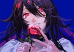 1girl adochansukisuki black_hair black_nails blue_bow bow commentary flower hair_between_eyes highres holding holding_flower long_hair nail_polish parted_lips queen_(vocaloid) red_eyes red_flower red_rose rose simple_background solo upper_body 