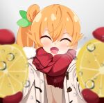  1girl :d ^_^ blurry blush breath closed_eyes coat commentary_request depth_of_field food fruit gloves grey_background hair_bun hair_ornament happy highres hinatsuki_mikan holding holding_food holding_fruit leaf_hair_ornament lemon lemon_slice long_hair machikado_mazoku marsh753315 meme open_mouth orange_hair pov pov_cheek_warming_(meme) red_gloves red_scarf scarf side_ponytail simple_background single_side_bun smile solo upper_body water_drop white_coat 