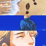  1boy absurdres beach blonde_hair blue_shirt blue_sky closed_eyes collared_shirt commentary footprints highres jujutsu_kaisen male_focus nanami_kento ocean outdoors prim42 sand shirt short_hair sky solo symbol-only_commentary twitter_username undercut waves 