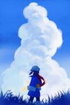  1girl akari_(pokemon) blue_hair blue_sky clouds cloudy_sky field grass harumomo_(@harumomo123456) highres looking_afar pokemon pokemon_legends:_arceus red_scarf scarf sky standing 