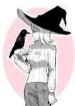  1girl absurdres bird black_headwear cowboy_shot crow faust_(project_moon) hand_up hat highres limbus_company long_sleeves nugii pants project_moon short_hair sketch solo sweater white_hair white_sweater witch_hat 