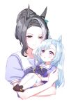  2girls :o aged_down animal_ears black_hair blue_hair blush bow braid braided_bun brown_footwear carrying child child_carry closed_mouth cropped_torso hair_bun horse_ears long_hair mejiro_ardan_(umamusume) mejiro_ramonu_(umamusume) mole mole_under_eye multiple_girls open_mouth purple_shirt romi_(346_ura) sailor_collar school_uniform shirt shoes short_hair short_sleeves simple_background smile thigh-highs tracen_school_uniform umamusume upper_body violet_eyes white_background 