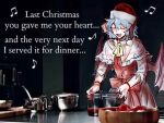  1girl ascot bat_wings blue_hair bow bracelet christmas cooking dress embodiment_of_scarlet_devil fang food frills hat jewelry jiyouer kitchen last_christmas_(song) music open_mouth red_dress red_ribbon remilia_scarlet ribbon santa_hat short_hair singing smile solo touhou wings yellow_ascot 