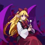  1girl bat_wings black_vest blonde_hair commentary_request elis_(touhou) hair_between_eyes hair_ribbon highres holding holding_wand invisible_chair kaigen_1025 long_hair long_sleeves neck_ribbon open_clothes open_vest pointy_ears purple_wings red_ribbon red_skirt ribbon shirt sitting skirt smile solo star_wand touhou touhou_(pc-98) vest violet_eyes wand white_shirt wings 