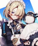  1boy alternate_costume apron bespectacled black_gloves blonde_hair blue_eyes blush closed_mouth coojisan crossdressing dress enmaided fingerless_gloves freckles freminet_(genshin_impact) frilled_apron frills genshin_impact glasses gloves hair_over_one_eye highres long_sleeves looking_at_viewer maid maid_headdress otoko_no_ko pers_(genshin_impact) simple_background sparkle white_apron 