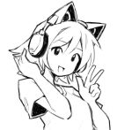  1girl animal_ear_headphones animal_ears arm_up cat_ear_headphones commentary english_commentary fake_animal_ears greyscale headphones iamsako krita_(medium) looking_at_viewer monochrome no_nose open_mouth original shirt short_hair simple_background sketch solo upper_body v 