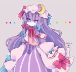  1girl artist_name blue_bow bow bowtie bright_pupils cosmicmind crescent crescent_hat_ornament dated dress grey_background hair_between_eyes hair_bow hat hat_bow hat_ornament long_hair long_sleeves looking_at_viewer mob_cap outline patchouli_knowledge pink_headwear purple_dress purple_hair red_bow red_bowtie simple_background sleeves_past_fingers sleeves_past_wrists solo striped striped_dress touhou upper_body violet_eyes white_outline white_pupils 