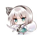  1girl :&lt; black_bow black_bowtie black_footwear black_hairband black_ribbon blunt_bangs blunt_ends bow bowtie chibi closed_mouth collared_shirt commentary frilled_skirt frills ghost green_eyes green_skirt green_vest hair_ribbon hairband holding holding_sword holding_weapon katana konpaku_youmu konpaku_youmu_(ghost) light_blush light_frown looking_ahead medium_skirt pudding_(skymint_028) puffy_short_sleeves puffy_sleeves ribbon shadow shirt shoes short_hair short_sleeves simple_background skirt skirt_set solo sword touhou v-shaped_eyebrows vest weapon white_background white_hair white_shirt white_sleeves 