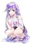  1girl absurdres bag bendy_straw black_shorts clothes_writing collarbone drinking_straw full_body grey_hair grin highres holding holding_bag hololive hololive_english koseki_bijou long_hair looking_at_viewer nakatokung off_shoulder plastic_bag purple_footwear purple_hair shirt short_shorts short_sleeves shorts simple_background slippers smile solo squatting very_long_hair violet_eyes virtual_youtuber white_background white_shirt wide_sleeves 