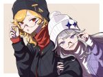  2girls absurdres alternate_costume black_headwear blonde_hair futomoy hand_on_another&#039;s_arm highres hololive hololive_english hololive_indonesia kaela_kovalskia koseki_bijou looking_at_viewer multiple_girls red_eyes violet_eyes white_hair white_headwear 