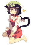  1girl absurdres animal_ear_fluff animal_ears arrow_(symbol) barefoot black_hair bow brown_eyes cat_ears cat_girl cat_tail chen china_dress chinese_clothes commentary_request dress floppy_ears frilled_dress frills full_body green_headwear hair_between_eyes hat heart_tail_duo highres long_sleeves looking_at_viewer mob_cap multiple_tails open_mouth seika_okawari short_dress simple_background sitting sleeveless sleeveless_dress solo sweatdrop tail toes touhou two_tails upturned_eyes v_arms wariza white_background white_bow 