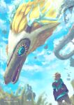  1boy black_gloves blonde_hair blue_sky clouds dated dragon elbow_gloves gloves highres link looking_up medium_hair nekomori_2566 pants pointy_ears sky the_legend_of_zelda the_legend_of_zelda:_breath_of_the_wild twitter_username 