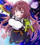  1girl astronaut belt black_belt black_bodysuit blunt_bangs bodysuit brown_hair double-parted_bangs highres lee_roha lee_roha_(3rd_costume) long_hair mugimugigo nijisanji nijisanji_kr official_alternate_costume open_mouth smile solo space v violet_eyes virtual_youtuber 