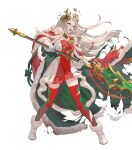  1girl blue_eyes cape damaged diamond_print dress edelgard_von_hresvelg edelgard_von_hresvelg_(snowfall_future) fake_horns fire_emblem fire_emblem:_three_houses fire_emblem_heroes gloves green_cape high_heels highres holding holding_polearm holding_weapon horns long_hair multicolored_clothes multicolored_dress non-web_source official_alternate_costume official_art open_mouth polearm red_cape red_dress red_thighhighs simple_background solo teeth teffish thigh-highs torn_cape torn_clothes upper_teeth_only v-shaped_eyebrows weapon white_background white_dress white_footwear white_gloves white_hair 