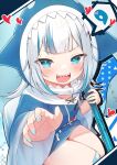  1girl :d a_(phrase) absurdres bandaid bandaid_on_knee bandaid_on_leg blue_eyes blue_hair blue_hoodie blue_nails commentary_request drawstring drooling fins fish_tail gawr_gura gawr_gura_(1st_costume) heart highres holding holding_polearm holding_weapon hololive hololive_english hood hood_up hoodie long_hair long_sleeves looking_at_viewer multicolored_hair nail_polish polearm shark_tail sharp_teeth smile solo streaked_hair tail teeth tsukiman v-shaped_eyebrows virtual_youtuber weapon white_hair wide_sleeves 