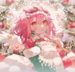  1girl :3 absurdres angel_wings animal_ears apron arknights blush braided_hair_rings cat_ears cat_girl christmas christmas_ornaments commentary goldenglow_(arknights) goldenglow_(maiden_for_the_bright_night)_(arknights) green_jacket hair_rings highres holding_trumpet jacket long_sleeves looking_at_viewer official_alternate_costume open_mouth pink_hair pom_pom_(clothes) ranol1215 red_sweater short_hair smile solo star_(symbol) sweater symbol-only_commentary upper_body white_apron wings wreath yellow_eyes 