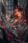 1boy absurdres ahoge androgynous argenti_(honkai:_star_rail) armor flower highres holding holding_flower honkai:_star_rail honkai_(series) indoors knight long_hair male_focus night red_flower red_rose redhead rose solo white_armor window zhangmiao1111