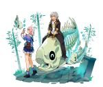  1boy 1girl bamboo black_jacket blue_eyes bubble caelus_(honkai:_star_rail) camera cellphone fingerless_gloves fish fish_skeleton floating gloves grey_hair happy highres holding holding_phone honkai:_star_rail honkai_(series) jacket jewelry long_sleeves lostthingy march_7th_(honkai:_star_rail) medium_hair phone pink_hair riding riding_animal shirt short_hair skirt taking_picture trailblazer_(honkai:_star_rail) white_shirt yellow_eyes 