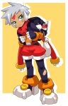  1boy backpack bag blush commentary_request dark-skinned_male dark_skin full_body green_eyes grey_(mega_man) highres looking_at_viewer male_focus mega_man_(series) mega_man_zx mega_man_zx_advent model_a_(mega_man) omeehayo short_hair solo 