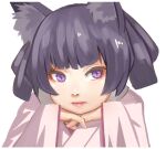  1girl animal_ear_fluff animal_ears black_hair closed_mouth commentary_request fox_ears hands_up japanese_clothes kimono kuro_kosyou long_sleeves looking_at_viewer original pink_lips simple_background sleeves_past_wrists solo upper_body violet_eyes white_background white_kimono wide_sleeves 
