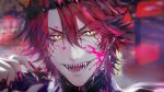  1boy black_nails crown earrings fingernails haban_(haban35) hair_between_eyes holostars holostars_english jewelry jurard_t_rexford long_fingernails looking_at_viewer male_focus open_mouth portrait redhead sharp_teeth short_hair single_earring slit_pupils smile solo splatter teeth virtual_youtuber yellow_eyes 