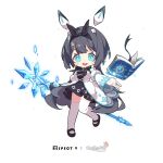  1girl absurdres bare_shoulders black_hair black_ribbon blue_eyes book chibi djmax dress floating_headgear hair_between_eyes hair_ornament headgear highres holding holding_staff lena_(djmax) mamo_c maplestory non-web_source open_book open_mouth puffy_sleeves ribbon sleeves_past_wrists smile staff 