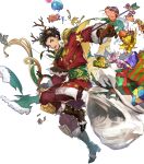  1boy animal_costume animal_ears antlers bow_(weapon) braid brown_hair cape claude_von_riegan claude_von_riegan(yuletide_schemer) damaged dark-skinned_male dark_skin deer_ears earrings fire_emblem fire_emblem:_three_houses fire_emblem_heroes gold_cape green_cape green_eyes highres holding holding_bow_(weapon) holding_weapon jewelry multicolored_cape multicolored_clothes non-web_source official_alternate_costume official_art open_mouth reindeer_antlers reindeer_costume single_braid solo teeth torn_bag torn_cape torn_clothes weapon 