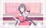  1girl absurdres animal_ears black_hair blue_eyes blurry blurry_background breasts depth_of_field djmax dress floating_headgear gloves hair_between_eyes hair_ornament headgear highres lena_(djmax) mamo_c microphone non-web_source outstretched_arm smile twintails 