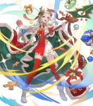  1girl attack blue_eyes cape christmas_ornaments cookie diamond_print dress edelgard_von_hresvelg edelgard_von_hresvelg_(snowfall_future) fake_horns fire_emblem fire_emblem:_three_houses fire_emblem_heroes food gift gingerbread_man gloves green_cape high_heels highres holding holding_polearm holding_weapon horns long_hair multicolored_clothes multicolored_dress non-web_source official_alternate_costume official_art open_mouth polearm red_cape red_dress red_thighhighs simple_background solo teeth teffish thigh-highs upper_teeth_only v-shaped_eyebrows weapon white_background white_dress white_footwear white_gloves white_hair 