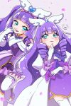  2girls absurdres aqua_eyes blunt_bangs bow bowtie cure_majesty cure_noble dress drill_hair ellee-chan headgear highres hirogaru_sky!_precure long_hair looking_at_another moro_precure multiple_girls ojou-sama_pose precure purple_hair standing white_dress 