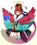  1girl absurdly_long_hair armor benienma_(fate) benienma_(third_ascension)_(fate) bird_hat black_bow blue_sleeves bow bright_pupils brown_kimono commentary_request fate/grand_order fate_(series) feather-trimmed_sleeves feet_up full_body fur_collar green_bow green_sleeves hair_bow hair_flaps holy_grail_(fate) japanese_armor japanese_clothes kimono kote kurokote long_hair looking_at_viewer low_ponytail multicolored_sleeves obi obijime open_mouth over-kneehighs red_eyes red_sleeves redhead sash short_kimono smile solo somemiya_suzume star_(symbol) thigh-highs very_long_hair waist_bow white_pupils 