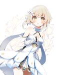  1girl absurdres bare_shoulders blonde_hair blush dress eyelashes feather_hair_ornament feathers floral_background flower genshin_impact hair_between_eyes hair_flower hair_ornament highres ko_pu lumine_(genshin_impact) simple_background white_dress white_flower yellow_eyes 