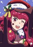  1girl absurdres bodysuit cianter facial_mark fire_emblem fire_emblem_engage fire_emblem_heroes hair_ornament hat highres holly_hair_ornament looking_at_viewer official_alternate_costume open_mouth red_bodysuit red_eyes redhead santa_hat star_(symbol) star_facial_mark star_hair_ornament yunaka_(fire_emblem) yunaka_(fire_emblem)_(spirited_envoy) 