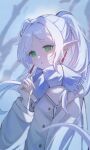  1girl :o blue_scarf blurry blurry_background buttons coat double-breasted drone_(drone_37) drop_earrings earrings elf frieren green_eyes grey_hair highres jewelry long_hair looking_ahead outdoors parted_bangs pointy_ears scarf sousou_no_frieren twintails upper_body very_long_hair white_coat 
