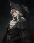  1girl black_background black_coat black_headwear bloodborne blouse brooch buttons character_request cinderone closed_mouth coat collar grey_hair hat highres jewelry lips long_hair looking_at_viewer parted_bangs ponytail shirt sidelocks solo tricorne white_shirt 