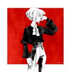  1boy ascot bad_id bad_tumblr_id chain_belt collared_shirt cowboy_shot dress_shirt greyscale greyscale_with_colored_background hand_in_own_hair highres ichiman lio_fotia long_sleeves male_focus monochrome pants profile promare red_background shirt short_hair short_hair_with_long_locks sidelocks simple_background solo 