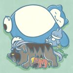  absurdres closed_eyes dandelion evolutionary_line flower green_background highres lying mabosstiff maschiff momo_irone munchlax no_humans official_art pokemon pokemon_(creature) simple_background sleeping smile snorlax 