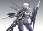  1girl alternate_breast_size breasts brown_eyes cdlo closed_mouth cyborg grey_hair hair_between_eyes hair_ornament headgear holding holding_shield joints mechanical_parts mechanical_wings medium_breasts punishing:_gray_raven robot_joints rosetta_(punishing:_gray_raven) shield sidelocks solo weapon wings x_hair_ornament 
