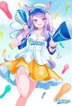  1girl animal_ears baseball_cap blue_sky blurry blurry_background clouds collarbone commentary_request day depth_of_field ears_through_headwear feet_out_of_frame hat highres holding holding_megaphone horse_ears horse_girl horse_tail long_hair megaphone mejiro_mcqueen_(umamusume) moko_(mokochisa) outdoors pleated_skirt purple_hair shirt shoes short_sleeves skirt sky solo standing standing_on_one_leg swept_bangs tail umamusume violet_eyes white_footwear white_headwear white_shirt yellow_skirt 