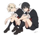  2boys black_footwear black_hair black_ribbon black_serafuku black_shorts black_socks blonde_hair blue_eyes braid genderswap genderswap_(ftm) green_eyes hair_between_eyes hair_ribbon highres kantai_collection kneehighs loafers male_focus multiple_boys neckerchief red_neckerchief red_ribbon ribbon sailor_collar school_uniform serafuku shigure_(kancolle) shoes shorts side_braid simple_background sitting socks sumoffu v white_background white_sailor_collar yuudachi_(kancolle) 