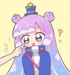  1girl :d ? blue_hair blue_jacket blunt_bangs blush cheek_poking double_bun gradient_hair green_eyes hair_bun hat high_collar highres jacket long_hair long_sleeves looking_at_viewer mini_hat mini_top_hat monster_girl multicolored_hair open_mouth out_of_frame poking puniru_(puniru_wa_kawaii_slime) puniru_wa_kawaii_slime purple_hair richard_(richaball) simple_background slime_girl smile top_hat translation_request upper_body v-shaped_eyebrows yellow_background 