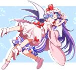  2girls bat_wings blue_hair dress eichi_yuu frilled_skirt frills hat hat_ribbon long_hair mob_cap multiple_girls patchouli_knowledge pink_footwear pink_shirt pink_skirt puffy_short_sleeves puffy_sleeves purple_hair red_eyes red_ribbon remilia_scarlet ribbon shirt short_sleeves simple_background skirt striped striped_dress touhou vertical-striped_dress vertical_stripes violet_eyes wings 