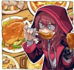  1girl bandaged_hand bandages black_gloves blue_eyes blush chicken_(food) chicken_leg coat commission eating fish food gloves hair_between_eyes highres holding holding_food hood hood_up long_hair long_sleeves mizuno_(okn66) necktie open_clothes open_coat original pasta pizza plate red_coat red_necktie redhead shirt single_glove skeb_commission tomato upper_body vegetable white_shirt 