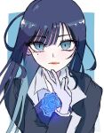  1girl ado_(utaite) black_bow black_bowtie blue_background blue_eyes blue_flower blue_hair blue_rose border bow bowtie chando_(ado) cloud_nine_inc collared_shirt colored_inner_hair commentary flower flower_brooch gloves hand_on_own_chin hand_up hayakawasakushiido long_hair looking_at_viewer mole mole_under_eye multicolored_hair one-hour_drawing_challenge outside_border rose shirt simple_background solo two-tone_hair upper_body utaite white_border white_gloves white_shirt 