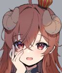  1girl ahoge blush brown_eyes brown_hair close-up commentary_request crossed_bangs crown curled_horns demon_girl demon_horns eyelashes fang grey_background hair_between_eyes hand_on_own_cheek hand_on_own_face hand_up heart heart-shaped_pupils highres horns long_hair looking_at_viewer machikado_mazoku mini_crown nokia_hiyou open_mouth simple_background sketch skin_fang smile solo symbol-shaped_pupils yoshida_yuuko_(machikado_mazoku) 