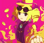  1girl alternate_color blonde_hair coin commentary_request drill_hair earrings eyewear_on_head hat hat_ribbon highres jacket jewelry kaigen_1025 long_sleeves open_clothes open_jacket open_mouth pink_background pink_jacket purple_shirt ribbon shirt simple_background smile sunglasses touhou twin_drills violet_eyes yellow_headwear yorigami_jo&#039;on 