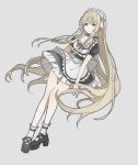  1girl absurdres black_choker blonde_hair bonnet breasts brown_eyes catzz chii chobits choker dress high_heels highres long_hair maid ribbon robot_ears simple_background skirt socks solo very_long_hair 