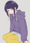  1girl absurdres audio_jack boku_no_hero_academia grey_background grey_shorts highres hood hoodie jirou_kyouka kobaji long_earlobes pantyhose purple_hair purple_hoodie short_hair shorts sidelocks simple_background sitting solo violet_eyes wariza yellow_pantyhose 